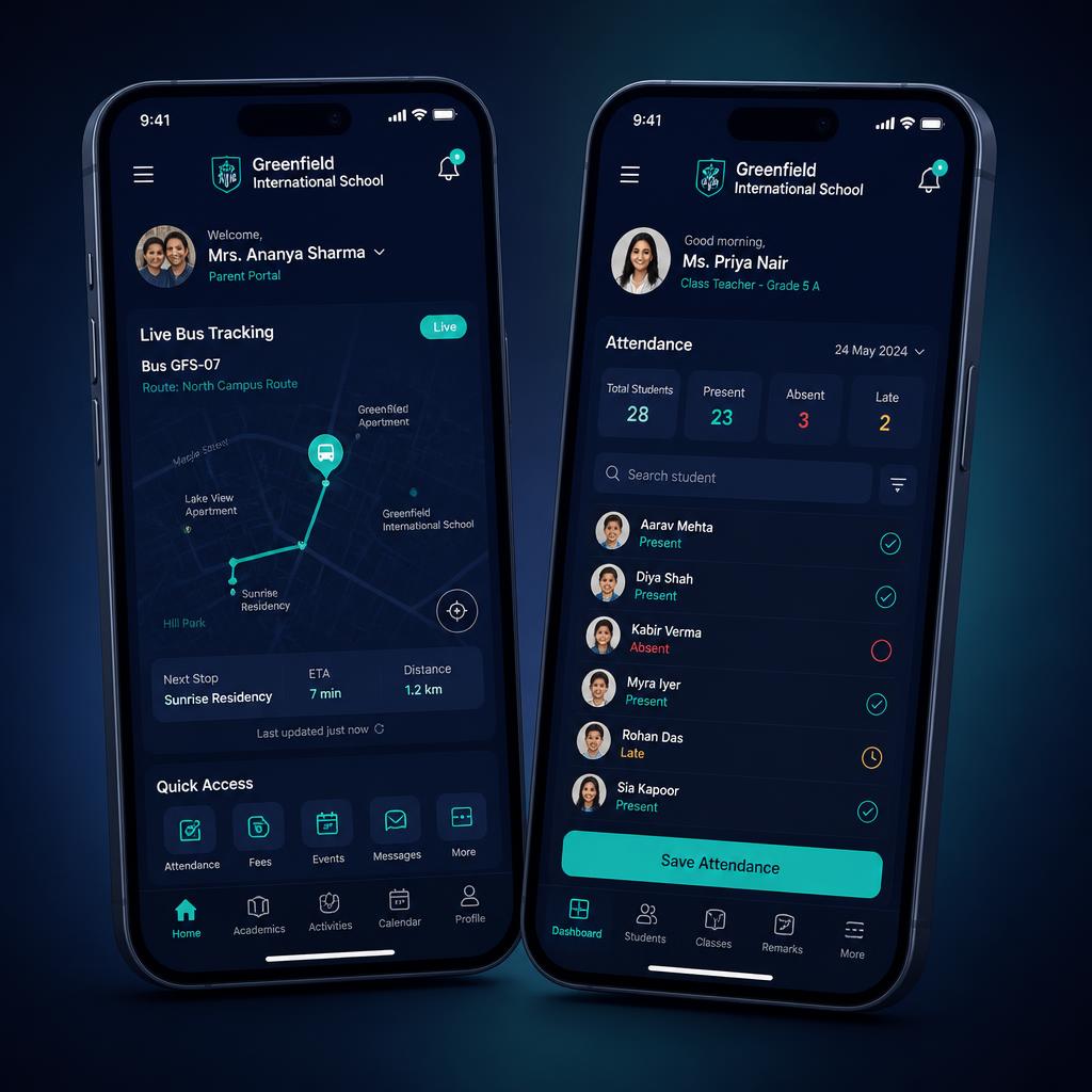 EduGuardia parent portal and teacher app on two phones